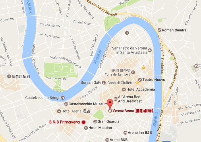 義大利維洛納自由行住宿推薦B&B Primavera。位在市中心、近火車站、含早餐、環境乾淨，下樓就是維洛納圓形劇場，看歌劇更方便！