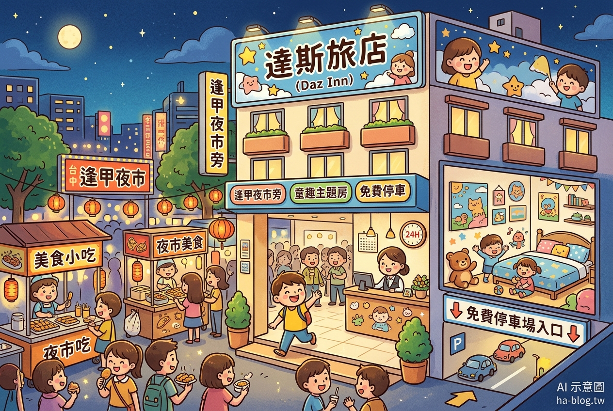 逢甲夜市住宿推薦：達斯旅店，鄰近夜市美食，提供免費停車與童趣主題房 @嘿!部落!