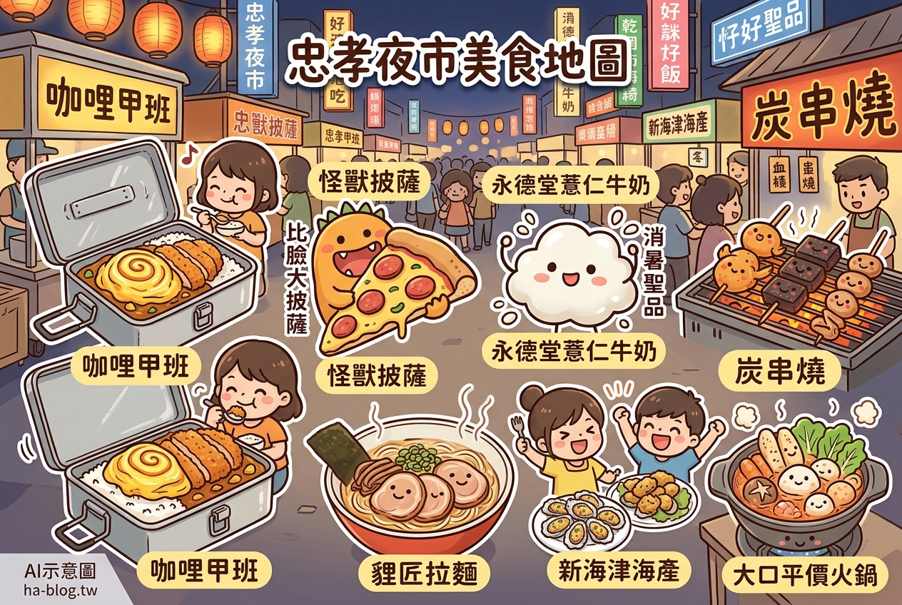 台中忠孝夜市美食地圖：從咖哩飯到創意披薩，一網打盡！